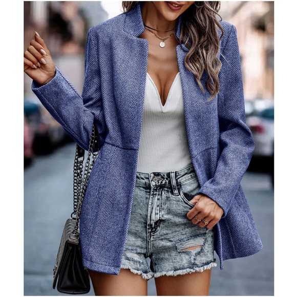 Classic Herringbone Blazer Jacket Coat - Picture 2 of 7